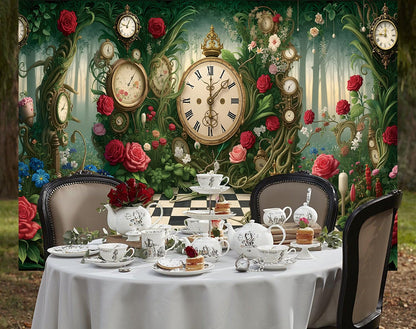 Halloween Wonderland Backdrop Tea Party Enchanted Garden Floral Green Grass Fairy Clock Checkerboard Photography Background Baby Shower Newborn Kids Birthday Party Banner Photo Props 7x5FT