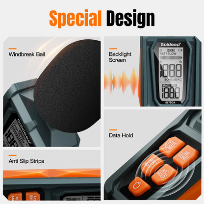 Decibel Meter, Goldeep SL750A Digital Sound Level Meter 30-130dB, A/C Weighted DB Meter with dB/SONE, Fast/Slow, MAX/MIN, LCD Sound Meter for Home, Office, Factory, Neighbor Noise - Vitality Orange