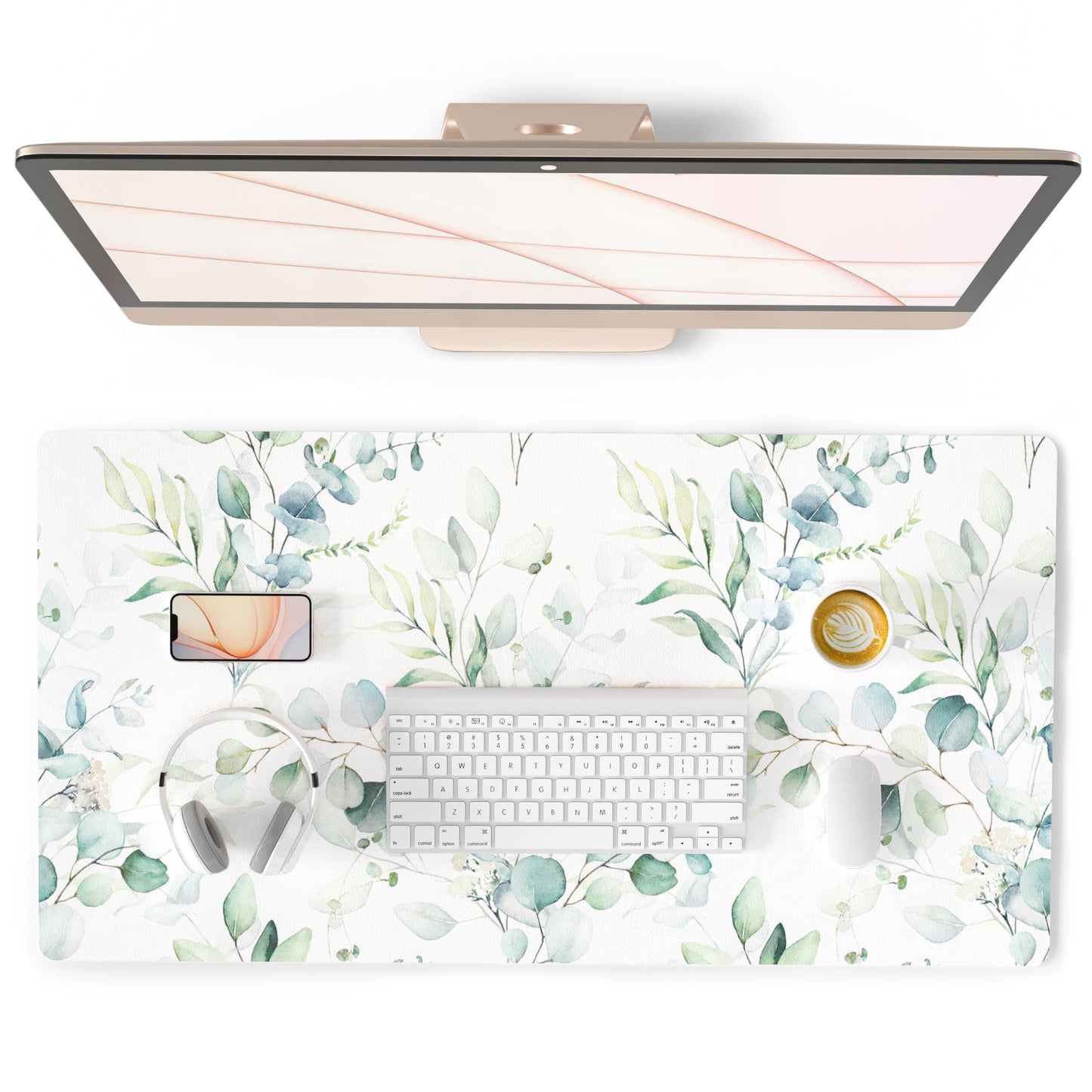 QIYI Large Mouse Pad, Cute Green Leaves Desk Mat for Desktop, Women Girls Office Décor Desk Accessories, PU Leather Waterproof Gaming Mousepad, Eucalyptus Leaf Desk Pad Computer Mat, 31.5" x 15.7"