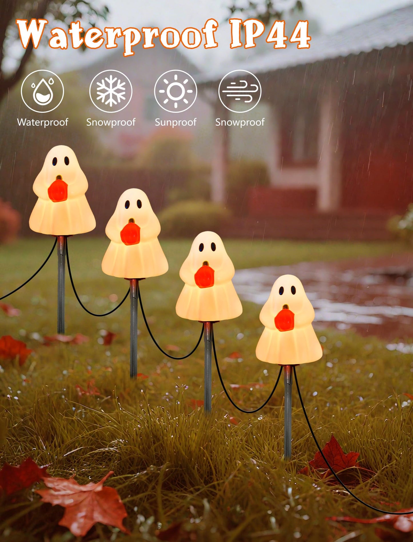 Halloween Ghost Pathway Lights Outdoor, 7Ft C7 Halloween Decorations Pathway String Lights with 4 Elves Holding Pumpkin Walkway Lights Waterproof, Plug-in Night Lights for Porch Yard Patio Garden