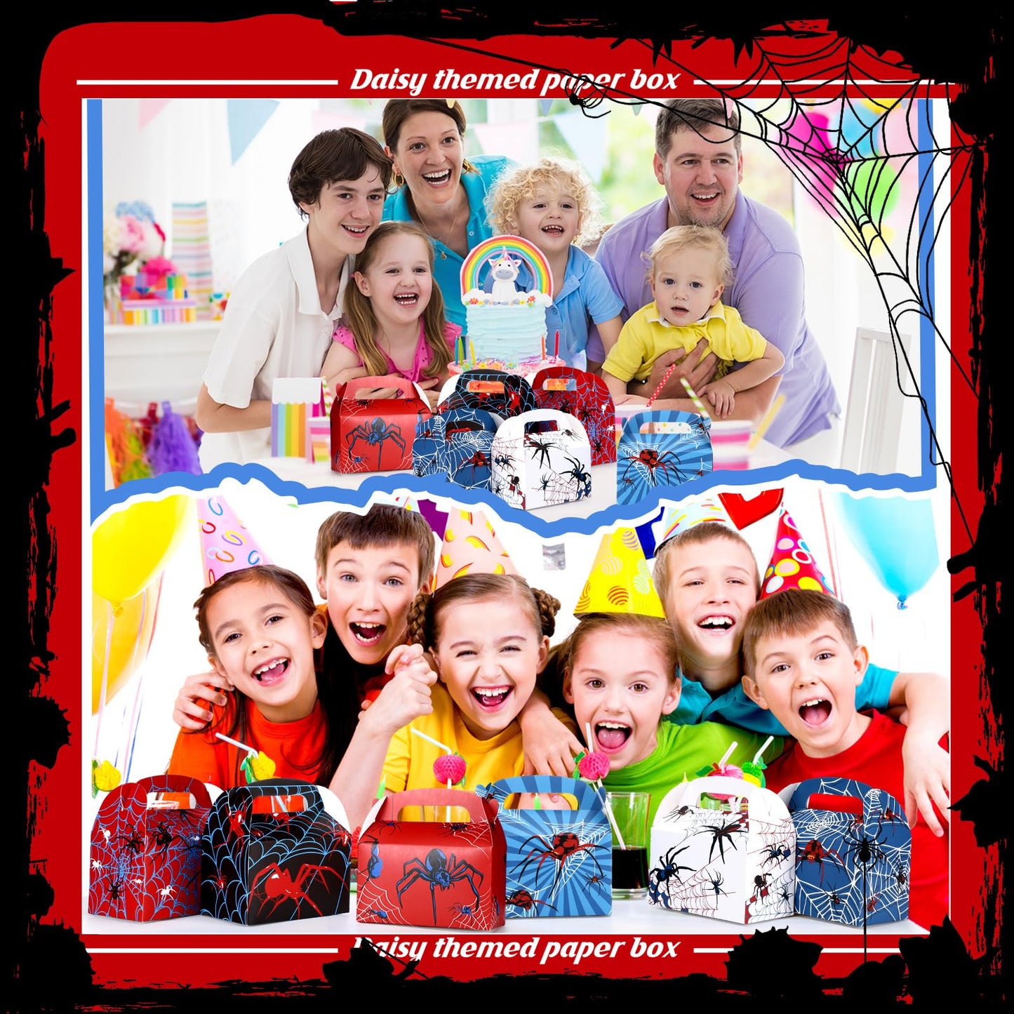 Gilprop 16 Pcs Spider Birthday Party Favor Boxes Spider Gifts Goodie Treat Boxes with Handles 6.3 x 3.23 x 3.74 Inches Double Sided Printed Gable Candy Bag for Party Supplies, 6 Style