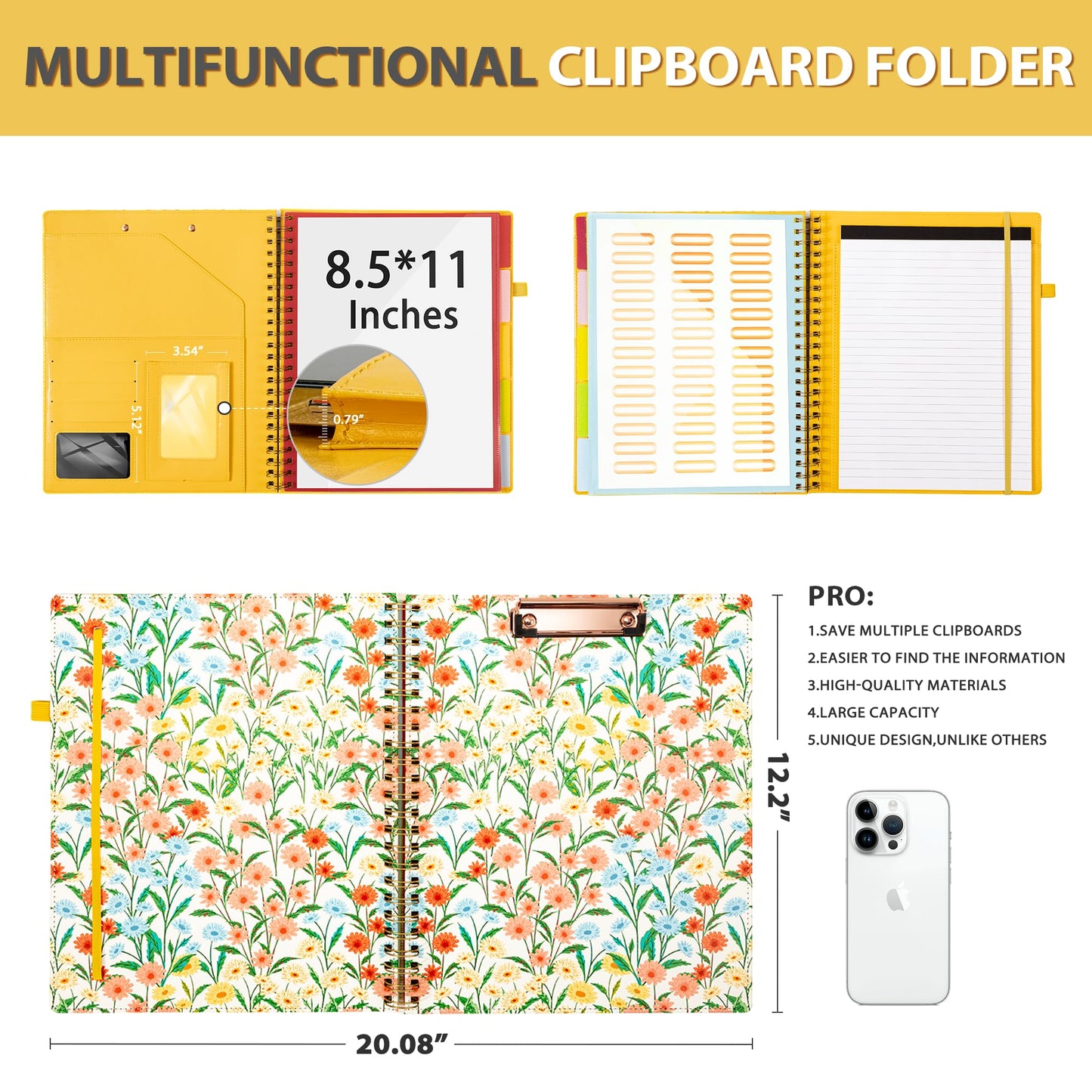 Ospelelf Clipboard with Storage for Men Women, Leather Padfolio Portfolio Organizer 5 Folders with 10 Pockets, Spiral Clipboard Folio with Notepad for Letter Size, Elastic Closure and Pen Loop Floral