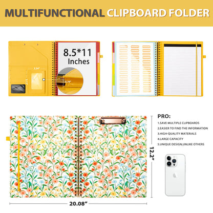 Ospelelf Clipboard with Storage for Men Women, Leather Padfolio Portfolio Organizer 5 Folders with 10 Pockets, Spiral Clipboard Folio with Notepad for Letter Size, Elastic Closure and Pen Loop Floral