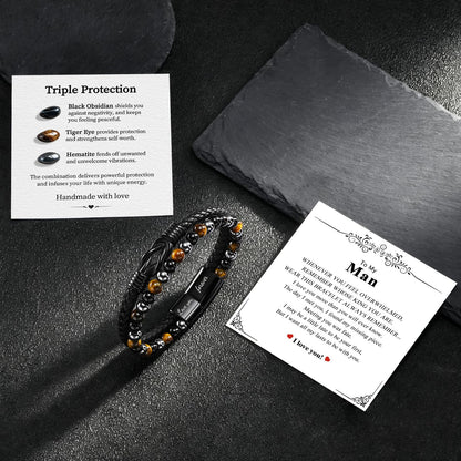 Crystal Infinity Cuff Bracelet Gifts for Men Him-Triple Protection Hematite Black Obsidian Tiger Eye Gemstone Beaded Leather Cuff Bracelets Lettering Love You Forever Healing Gifts for Husband Father's Day