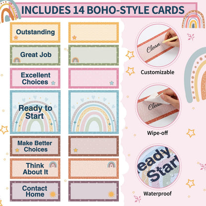 Pasimy 59 Pcs Student Behavior Clip Chart for Classroom Management Kids Track Reward Incentive Behavior Pocket Chart Boho Bulletin Board Teacher Supplies for School Office(Classic)