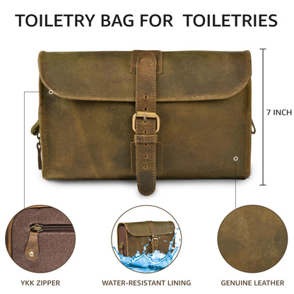 LEATHER VILLAGE Hanging Genuine Leather Toiletry Bag for Men – Handcrafted Vintage Travel Dopp Kit with Waterproof Lining, Shaving Organizer and Shower Bathroom Essentials Case - Mud