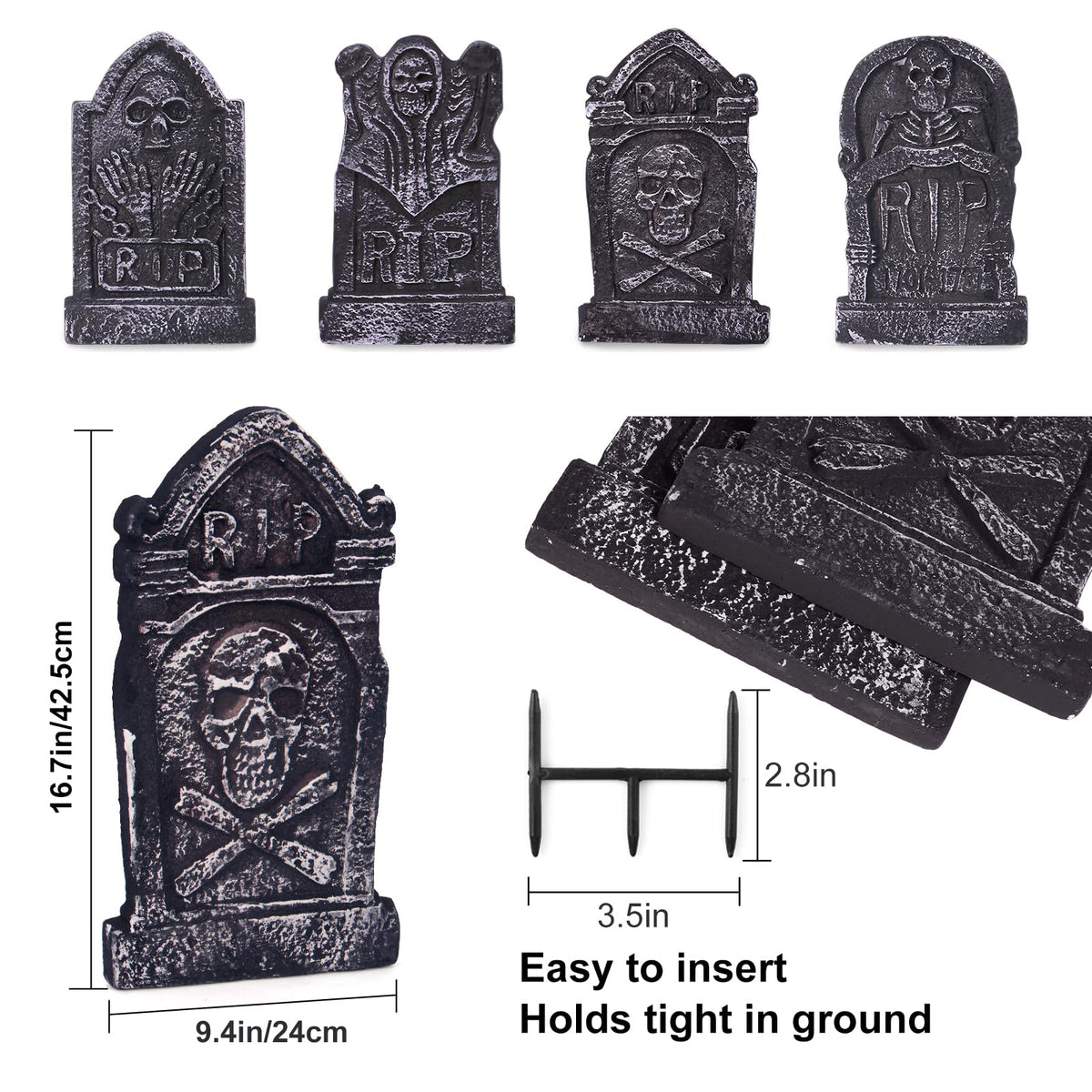 Sizonjoy Halloween Decorations, Foam RIP Graveyard Tombstones, 4 Pack Graveyard Headstone Decorations with 8 Bonus Stakes for Lawn Outside Decor (17In)
