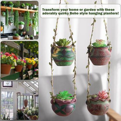 Yuccasly 4 Piece Boho Ceramic Hanging Planters with Drainage Holes – Adorable Indoor Outdoor Succulent Flower Pots, Unique Home Décor, Charming Small Planters for Plants