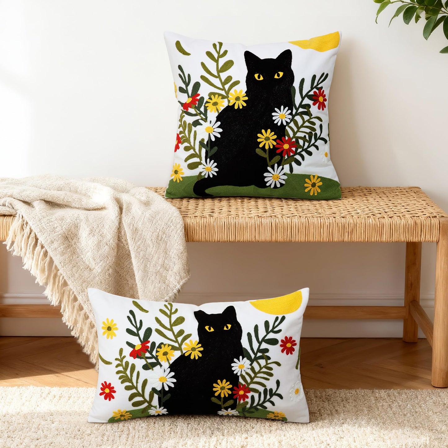 Cythasily Embroidered Pillow Covers 12x20 Inch Set of 1, Black Cat and Floral Patterned Decorative Throw Pillow Covers Lumbar Farmhouse Canvas Cushion Cases for Couch Sofa Bed Living Room Home Decor