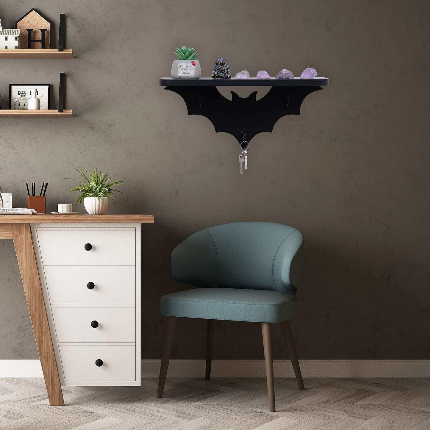 HZYSLYJ Bat Shelf Floating Shelves for Wall,15.5 inch Wall Shelf with 3 Key Hooks,Black Shelves for Living Room Bedroom Kitchen Gothroom