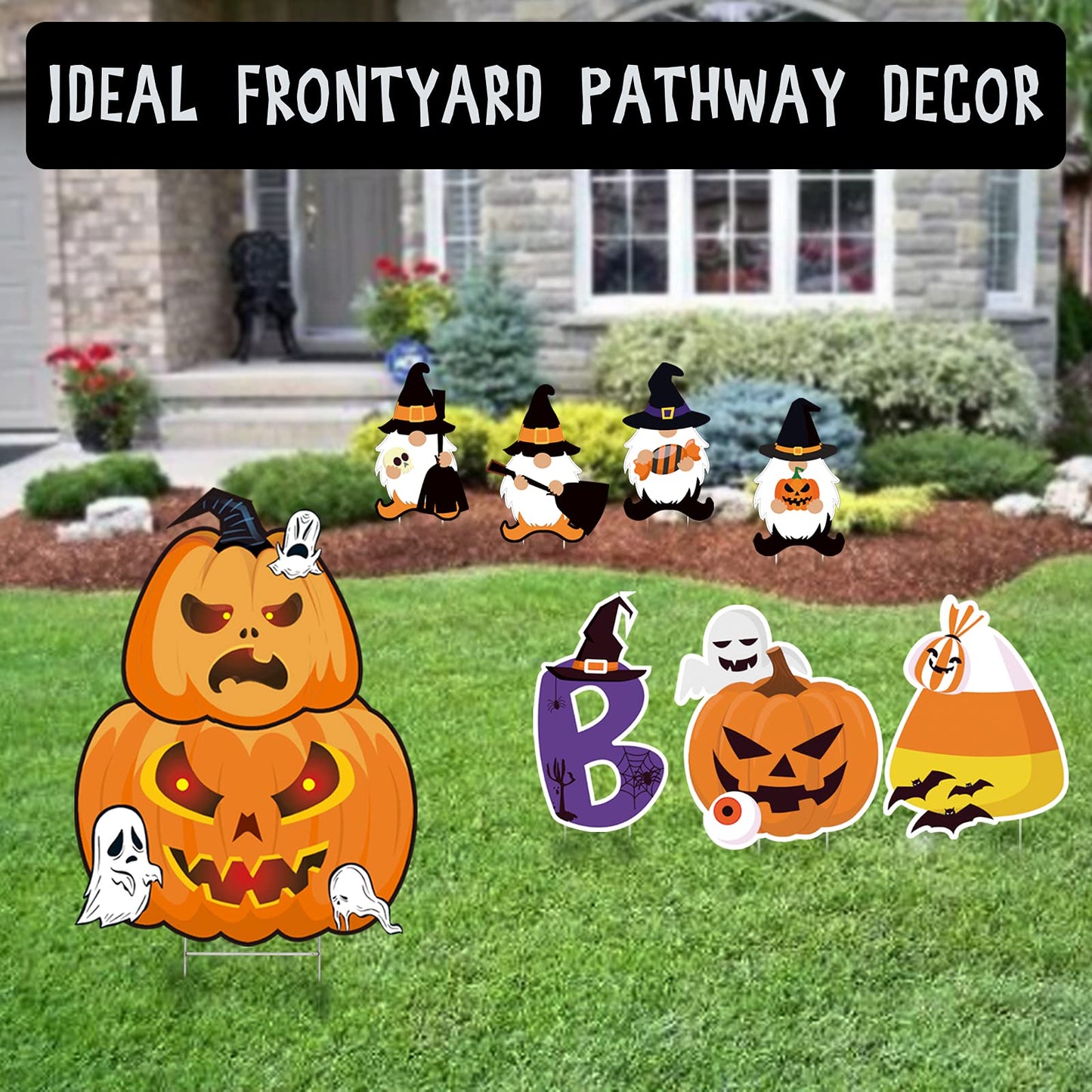 8PCS Halloween Decorations Outdoor Yard Signs with Stakes Large Pumpkin Lawn Garden Outside Backyard Decoration Corrugate Cute Gnome Ghost Boo Halloween Indoor Party Supplies Prop Decor