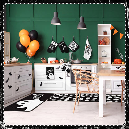 Fanfanwin 10 Pcs Halloween Ghost Kitchen Decor Set Ghost Kitchen Rugs Towels Pot Holders Oven Mitts Set for Baking Cooking BBQ Halloween Decorations