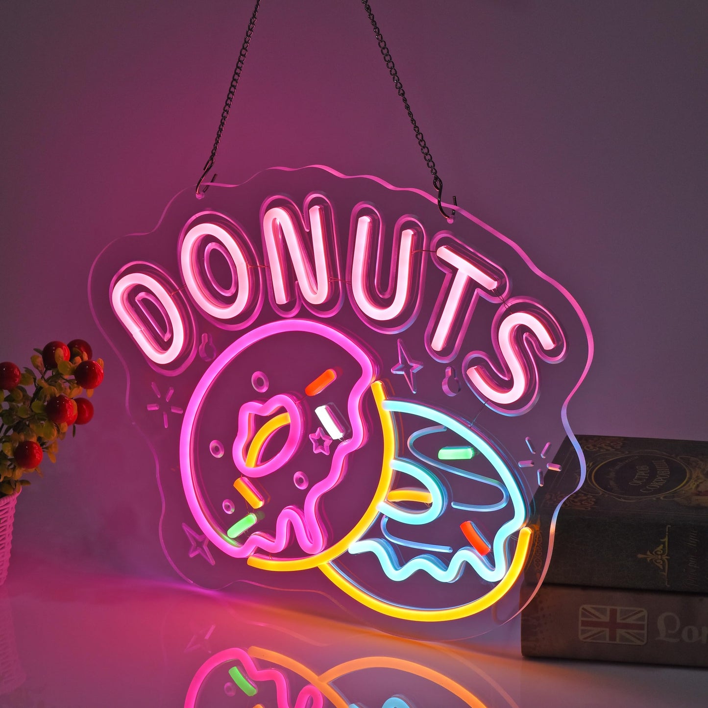 JOMOBUTY Donuts Neon Sign, Neon Lights Hanging Wall Art Decoration for Home Kitchen Business Bakery Restaurant Bar Cafe Fast Food Shop, USB Powered Ultra Bright Dimmable