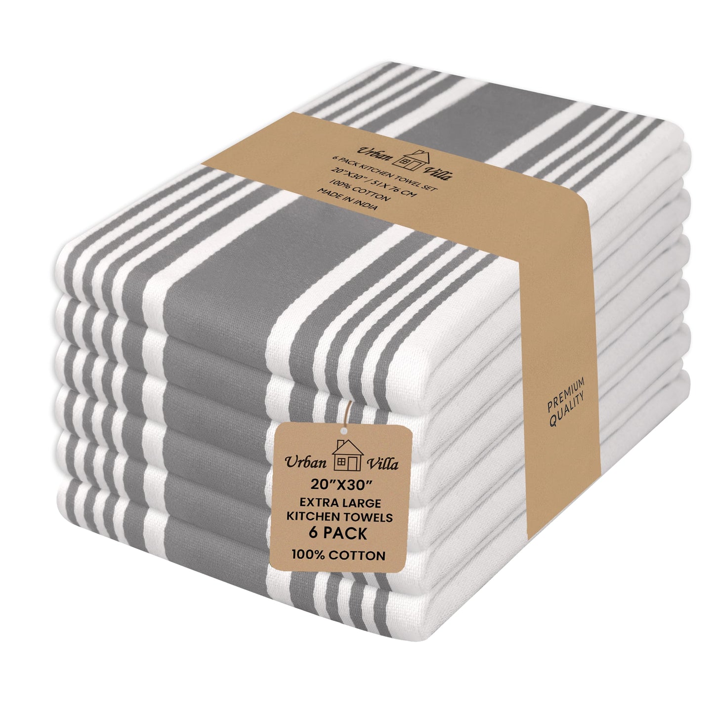 Urban Villa Kitchen Towels 100% Cotton Dish Towels for Kitchen (Set of 6) 20”x30” Dish Cloths Highly Absorbent Kitchen Linen Set with Hanging Loop Perfect for Drying Dishes Cleaning Towels-Grey White