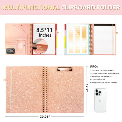 Ospelelf Clipboard with Storage for Women, Leather Padfolio Portfolio Organizer 5 Folders with 10 Pockets, Spiral Clipboard Folio with Notepad for Letter Size, Elastic Closure and Pen Loop Rose Gold