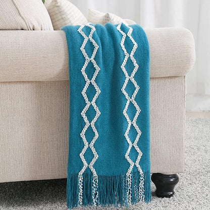 BOURINA Fluffy Chenille Knitted Fringe Throw Blanket Lightweight Soft Cozy for Bed Sofa Chair Throw Blankets Teal 60" x 80"