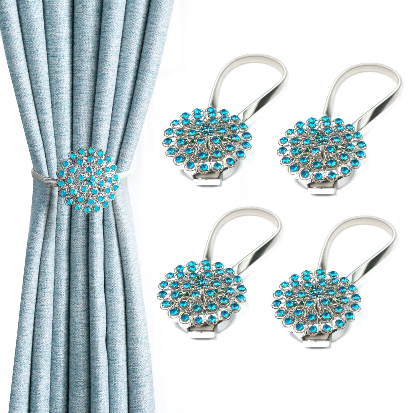 4 Packs Curtain Magnetic Buckle Spring Window Decoration Curtain Tie Rope for Home Office Decoration (Peacock Blue)