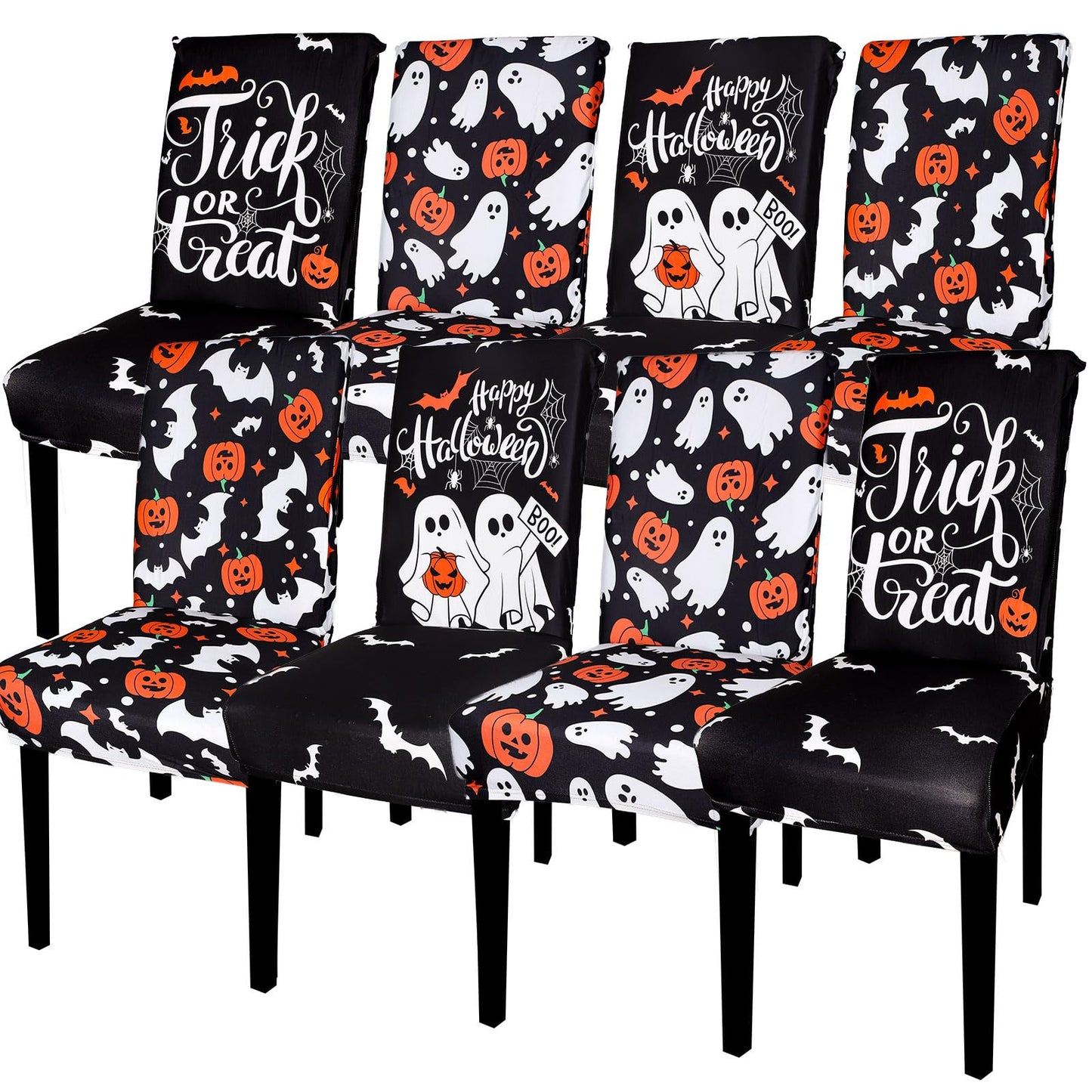 JarThenaAMCS 8Pcs Halloween Chair Covers Spooky Ghost Pumpkin Bat Dining Chair Slipcovers Black Removable Seat Covers for Home Kitchen Hotel Restaurant Decor