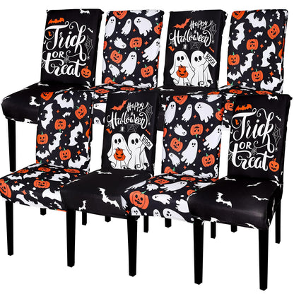 JarThenaAMCS 8Pcs Halloween Chair Covers Spooky Ghost Pumpkin Bat Dining Chair Slipcovers Black Removable Seat Covers for Home Kitchen Hotel Restaurant Decor