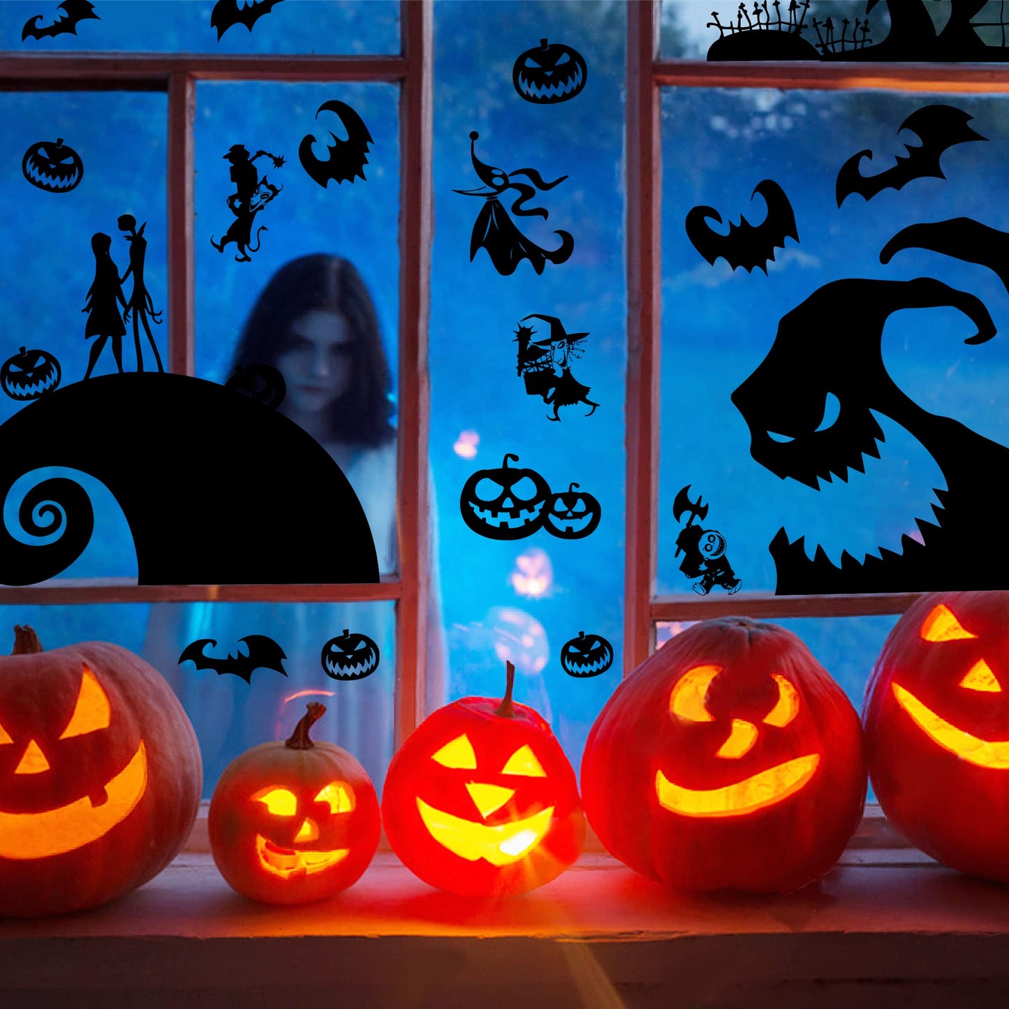 Feuid Gniea 7Pcs Jack and Sally Window Clings Sticker Pumpkin Halloween Jack and Sally Christmas Cartoon Skull Electrostatic Stickers for Christmas Party Decoration Window Glass Mirror Decor Decals