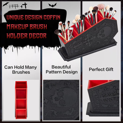 Gothic Coffin Decor Makeup Brush Holder,Spooky Witchy Gifts for Women,Skull Cosmetic Display Cases,Goth Decor Pen Holder, Vanity, Desk, Office Organizer for Mothers Day Bedroom Bathroom (Red)