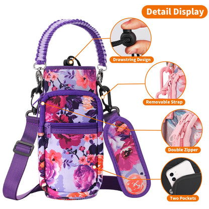 AceTreker Water Bottle Carrier Bag, 32 oz/ 40 oz Insulated Water Bottle Sleeve with Paracord Hanlde & Strap, Neoprene Metal Canteen Pouch Holder with Phone Pocket for Gym, Sport, Fishing