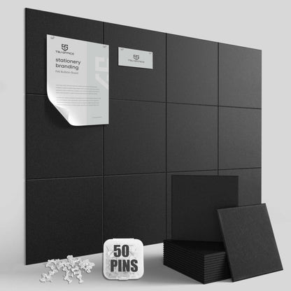 Large Cork Bulletin Board Wall - 48" x 36" Felt Pin Board TSJ OFFICE 12 Pack Tiles Set with 50 Pushpins & Safe Removable Adhesive Tabs, Corkboard for Office Home Office Decor Classroom Display - Black