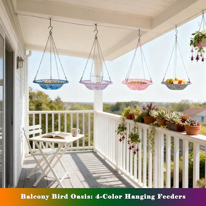 4 Pack Super Value Hanging Plastic Bird Baths and Feeders for Outdoors Bird Water Bowls and Seed Trays Set Attract Wild Birds Garden Yard Decor Gift (Blue Pink Gray Purple)
