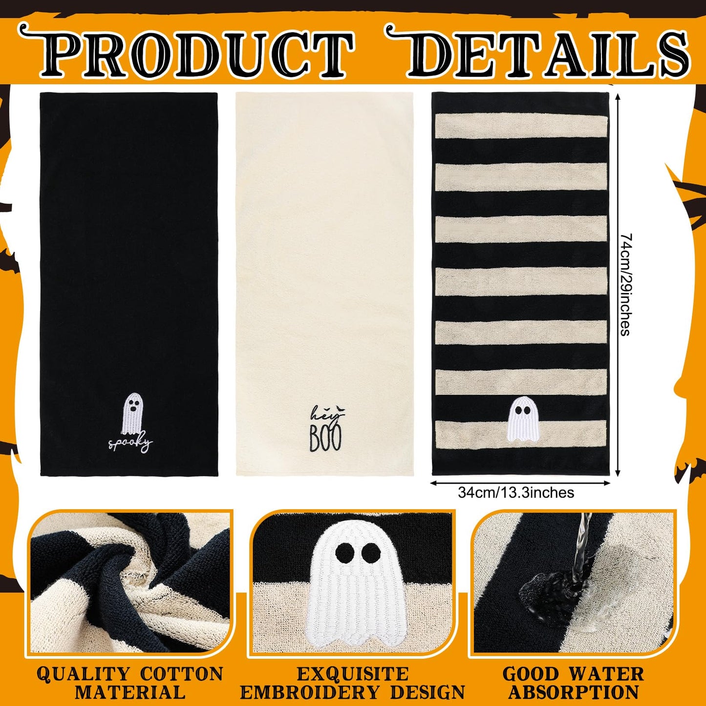 SmoothNovelty 3 Pcs Halloween Ghost Hand Towels for Bathroom Cotton Embroidered Rodeo Kitchen Towels 13.3" x 29.5" Rustic Gifts for Bath Shower Farmhouse Decors Housewarming Gift(Black)