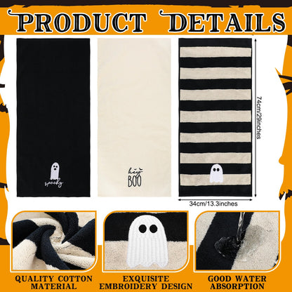 SmoothNovelty 3 Pcs Halloween Ghost Hand Towels for Bathroom Cotton Embroidered Rodeo Kitchen Towels 13.3" x 29.5" Rustic Gifts for Bath Shower Farmhouse Decors Housewarming Gift(Black)
