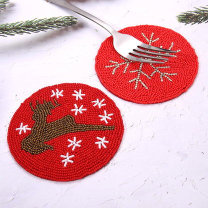 HZEYN Christmas Coaster Beaded Reindeer Snowflake Coaster Cup Mat Coffee Tea Coaster Bar Cart Decor Accessories Gifts 2, Red-Reindeer Snowflake