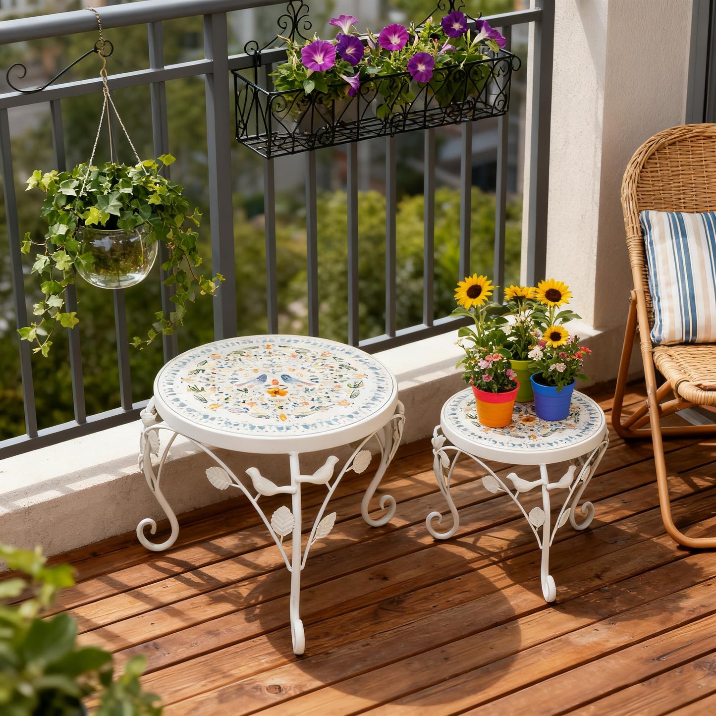 Rustic Metal Plant Stand Set of 2 Indoor & Outdoor Round Ceramic Top Mosaic Planter Pot Stand Low Heavy Duty Flower Holder Rack for Garden Patio Living Room Farmhouse Accessory Decor Gift White Flower Bird