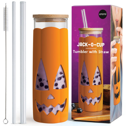 OTOTO NEW Jack-o-Cup Glass Cups with Lid and Straws - Glass Coffee Tumbler with Straws, Halloween, Goth, Witchy Gifts, Iced Coffee Cups, Glass tumbler with Bamboo Lid, 16.9oz