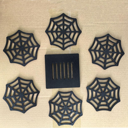 Wooden Hollow net Coaster Stand, Black, Decorated Halloween Table Decoration (6 Pieces)