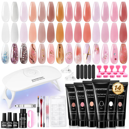 JEWHITENY Poly Extension Gel Nail Kit 14 PCS Poly Gel Kit with Slip Solution and Mini Lamp Nail Art Design Beginner