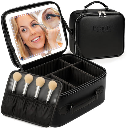 BeautyOnBoard Makeup Bag with LED Mirror, PU Leather Makeup Case - 3 Adjustable Brightness Levels, Lighted Cosmetic Case with Mirror, Dividers - Make Up Portable Storage Travel Organizer with Handle