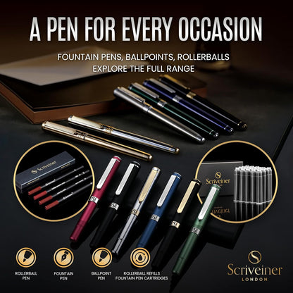 Scriveiner British Racing Green Fountain Pen - Stunning Luxury Pen with Chrome Finish, Schmidt Nib (Medium), Best Pen Gift Set for Men & Women, Professional, Executive, Office, Nice Pens
