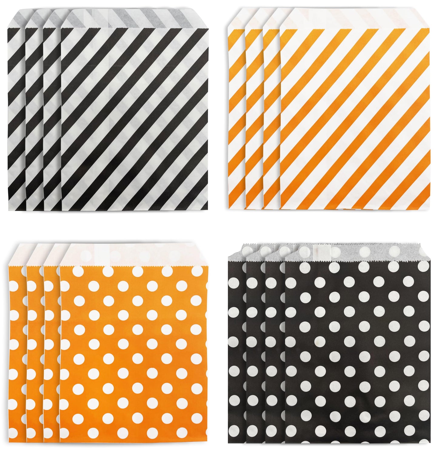 Jexila 100-Pack Halloween Treat Bags - Orange & Black Polka Dot Striped Pattern Paper Goodie Bags for Kids Trick or Treat Party Favors