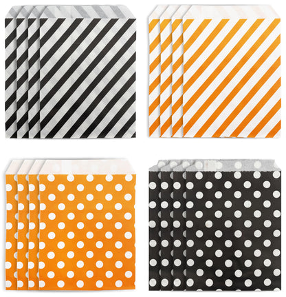 Jexila 100-Pack Halloween Treat Bags - Orange & Black Polka Dot Striped Pattern Paper Goodie Bags for Kids Trick or Treat Party Favors