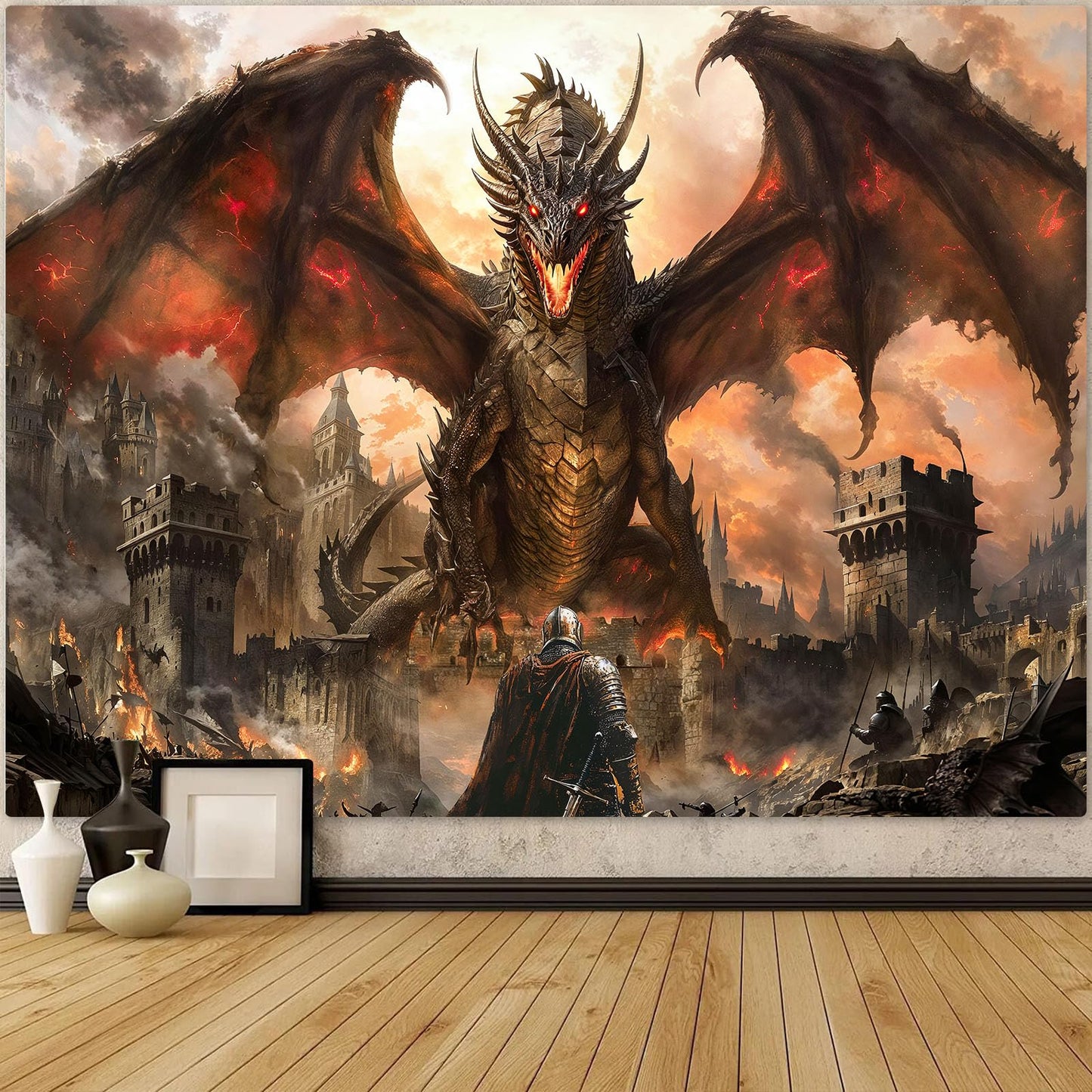 Spenlife Fire Dragon Siege Wall Tapestry, Fantasy Castle Battle Tapestries for Room Decor, Epic Tapestry 60x44 Inch