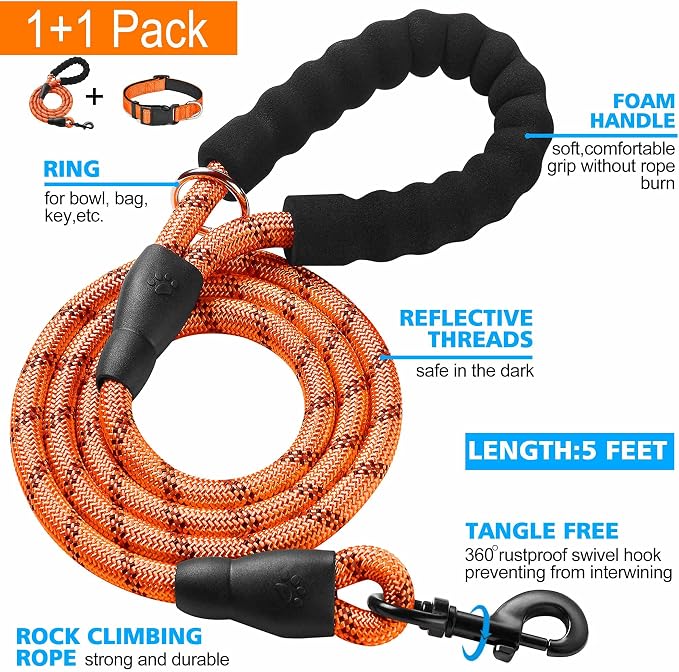 Ladoogo Reflective Dog Collar Padded with Soft Neoprene Breathable Adjustable Nylon Dog Collars for Small Medium Large Dogs (Small (Pack of 1), Orange Collar+Leash)