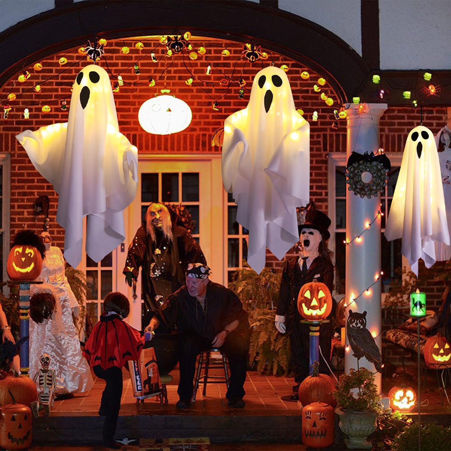 TUSAUW 3Packs Halloween Light Up Hanging Ghost Halloween Ghost Decorations with LED Light Spooky Ghost Ornaments for Home Tree Garden Yard Party Décor and Holiday Decorations(White)