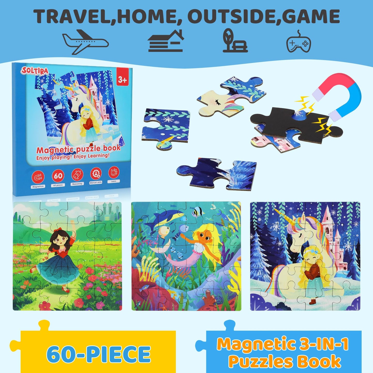 Magnetic Puzzles for Toddlers 3-5 60PCS 3 Unicorn Mermaid Princess Themes Puzzle Magnetic Puzzles for Girls 4-6 Travel Puzzles or Airplane/Car/Road Trip Gift Toys for Girls 4-8 Years Old