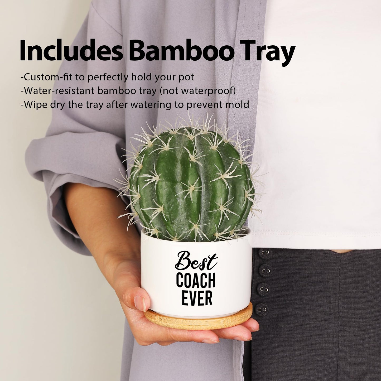 Best Coach Ever Coach Gifts Ceramic Succulent Plant Pot with Bamboo Tray Round Sports Gym Instructor Basketball Volleyball Football Soccer Home Office Decor Plant Lover 3.5 Inch White (No Plants)