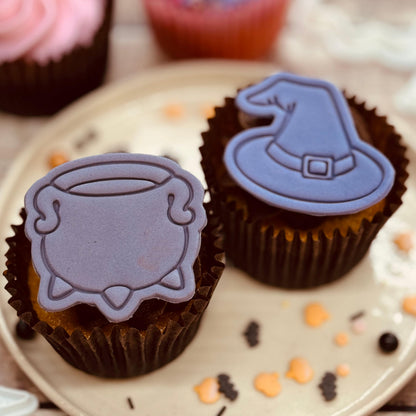 BAKERLOGY Wicked Brews Mini Cookie Cutter & Stamp Set (Witch Hat & Cauldron Designs) – Cute Halloween Fondant Embossing Stamp Cutters for Spooky Baking, Cupcake Toppers & Party Treats