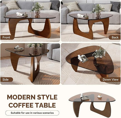 Modern Glass Coffee Table, Triangle Center Table with Tempered Glass Top& Unique Wooden Base, 35.5” Mid Century Tea Tables for Living Room, Apartment, Office,Walnut & Brown