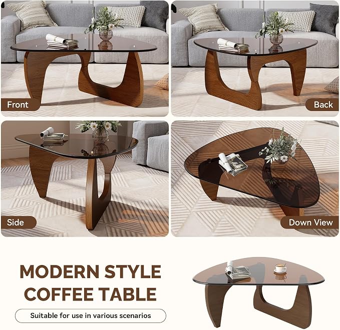 Modern Glass Coffee Table, Triangle Center Table with Tempered Glass Top& Unique Wooden Base, 31.5” Mid Century Tea Tables for Living Room, Apartment, Office,Walnut & Brown