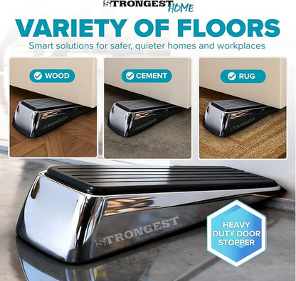 STRONGEST HOME Door Stoppers for Bottom of Door – Heavy Duty Metal Rubber Stopper, Non-Slip Door Stop for Heavy Doors, Works on Wood, Tile & Carpet Floors, Wedge Chrome 2 PCs + 2 White Wall Protectors