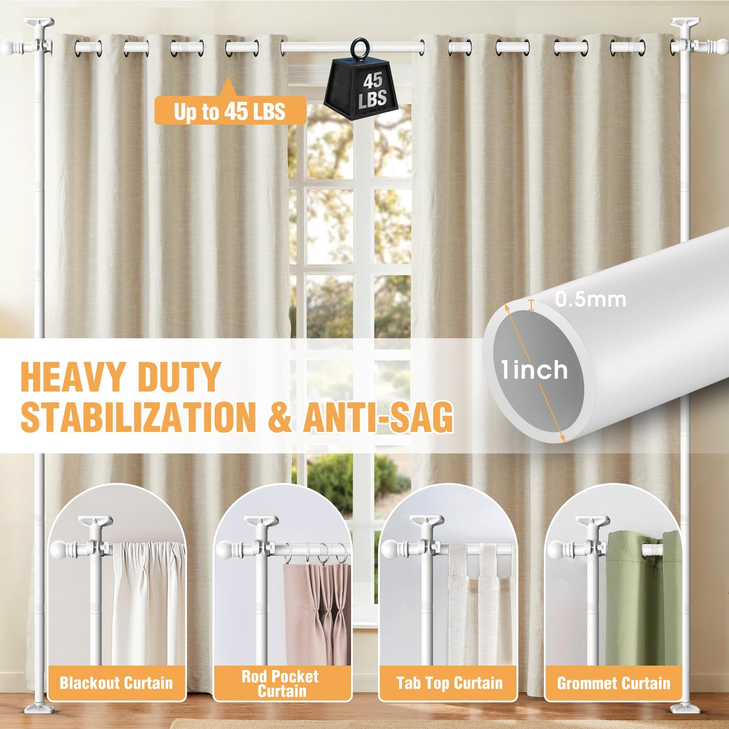 AKTOP Room Divider Curtain Rod, No Drilling Privacy Room Separator for Space Partition, 4-11ft(H) 28-117”(W) Adjustable Heavy Duty Floor to Ceiling Wall Divider Tension Rod for Room Separation, White