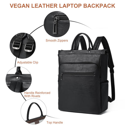 Mroede Leather Laptop Backpack for Women, Travel Backpack Purse Fits 15.6 Inch Laptop, Casual Daypack with Laptop Compartment for Men Teachers College Work Business Nurse Weekender, Black